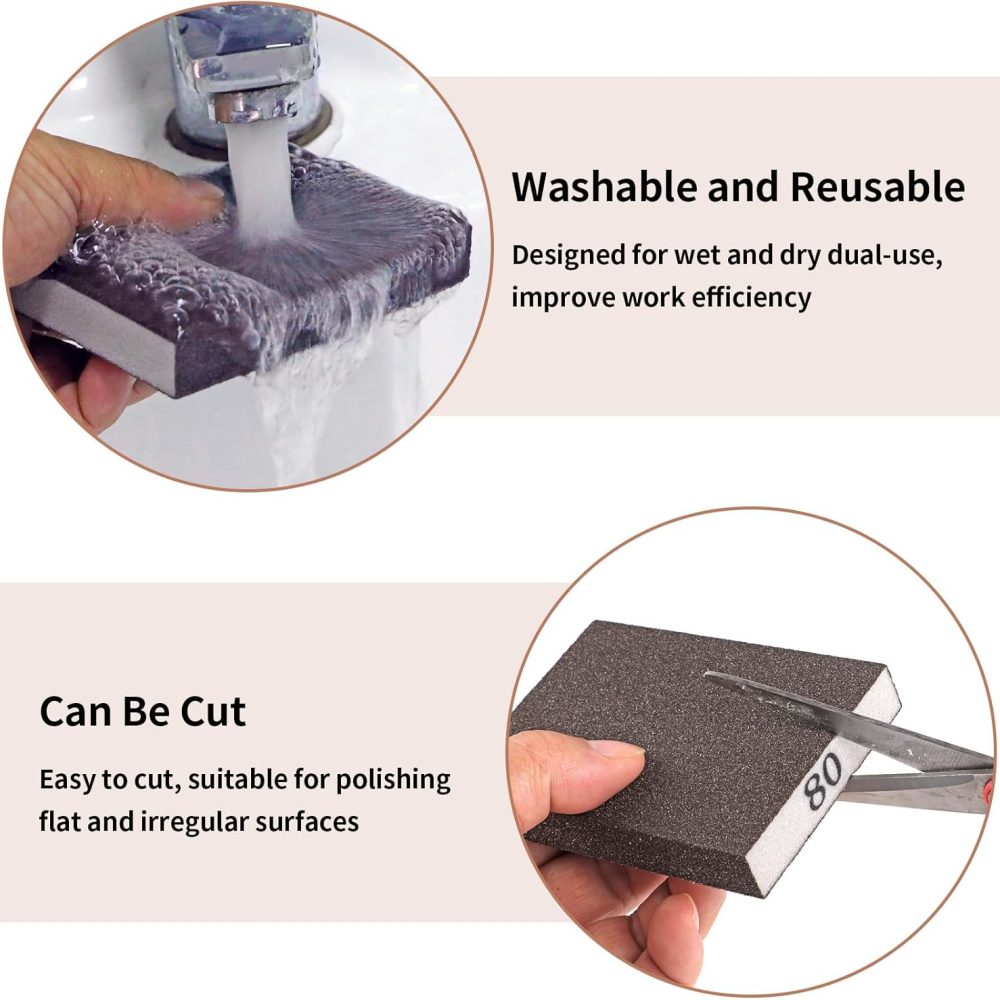 8 Pack Sanding Sponge, Sanding Blocks 60/80/120/220 Grit Assortment, Sand Paper for Wood Furniture, Sander Pads, Washable and Reusable Sandpaper for Drywall Metal Glasses Repair - Image 5