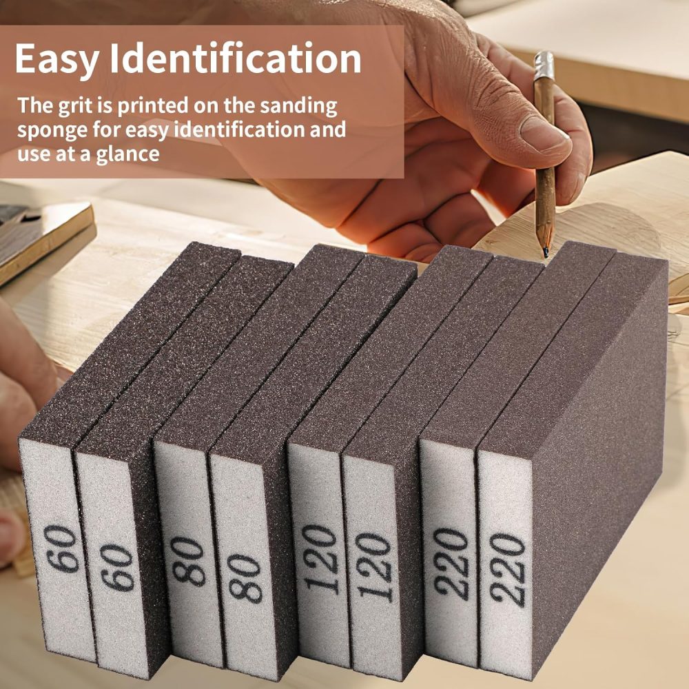 8 Pack Sanding Sponge, Sanding Blocks 60/80/120/220 Grit Assortment, Sand Paper for Wood Furniture, Sander Pads, Washable and Reusable Sandpaper for Drywall Metal Glasses Repair - Image 7
