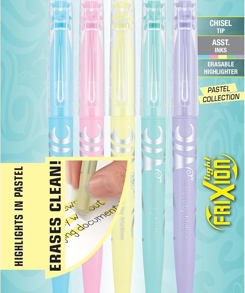 Pilot, FriXion Light Pastel Erasable Highlighters, Chisel Tip, Pack of 5, Pastel Blue, Pink, Yellow, Green & Purple